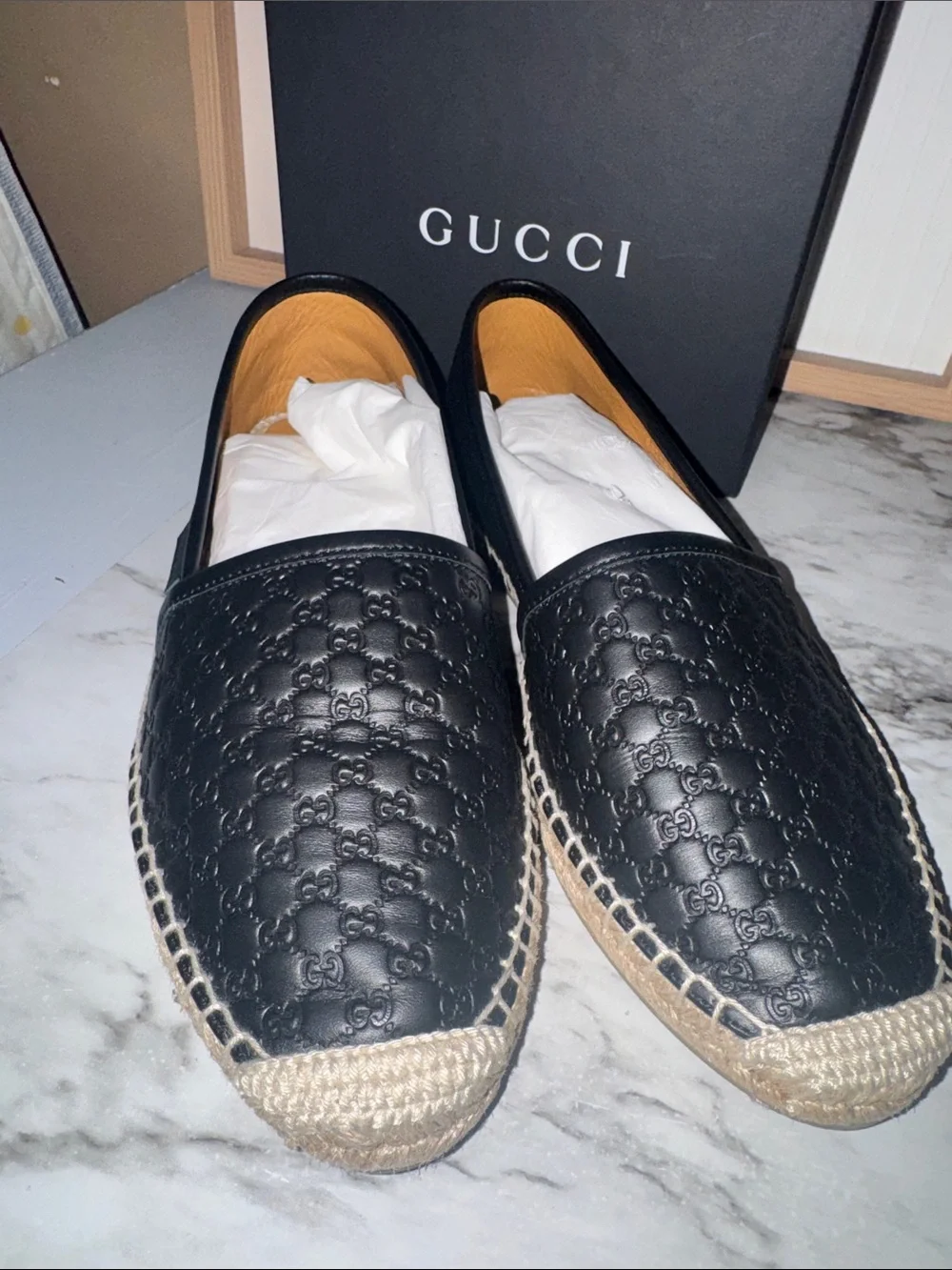 Gucci Black Leather Espadrille Slip-On Mules